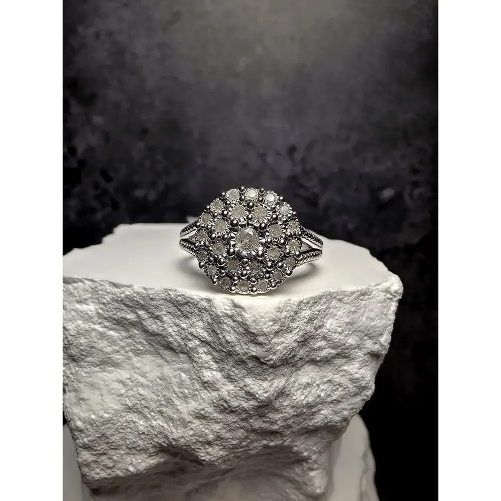 S7 0.23ct Natural White Diamond Cluster Split Band Ring 925 Sterling Silver
